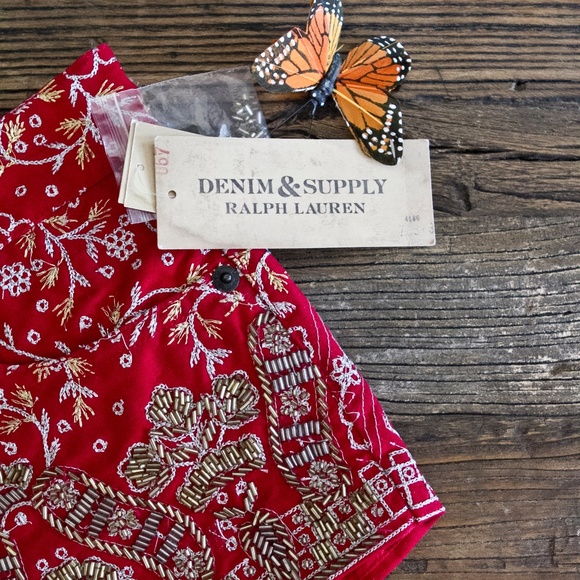 DENIM & SUPPLY RED EMBROIDERED SHORTS NWT - Picture 3 of 4